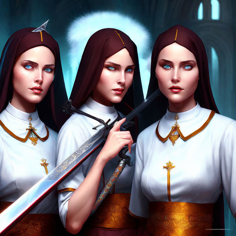 Three women in fantastical nun-like attire with swords standing confidently in gothic architectural backdrop