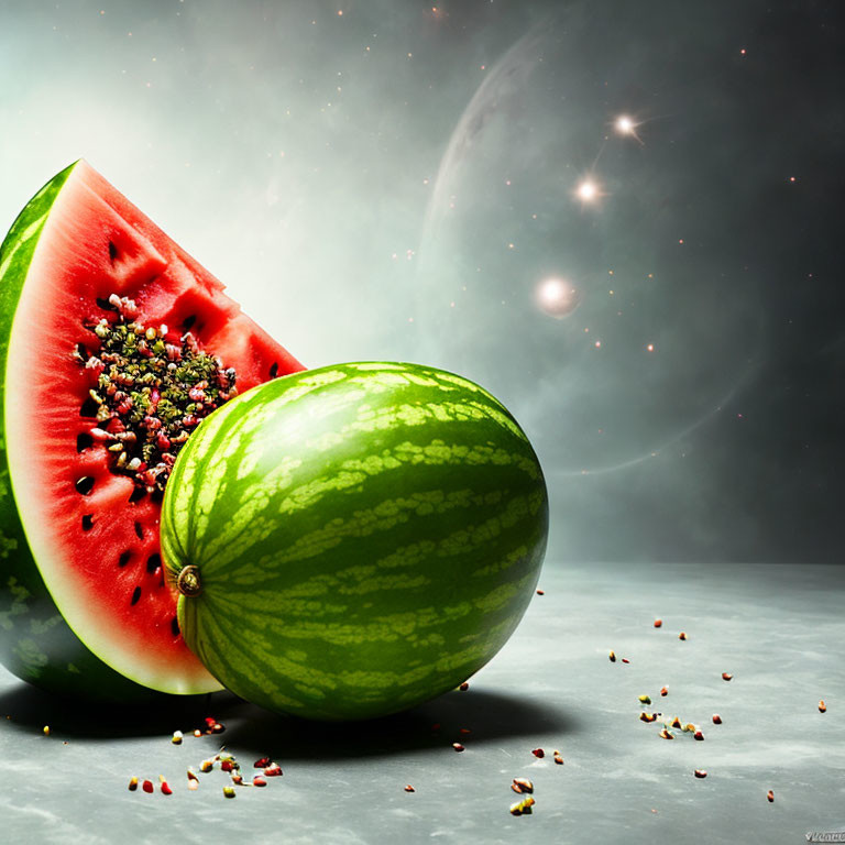 Whole watermelon and sliced piece with seeds on cosmic backdrop.