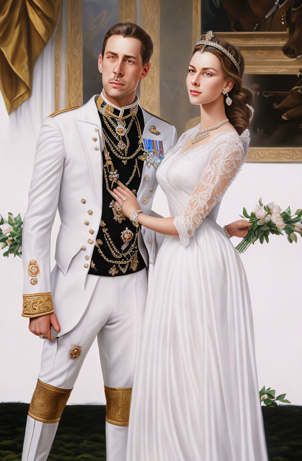 Regal couple in military uniform and lace dress portrait