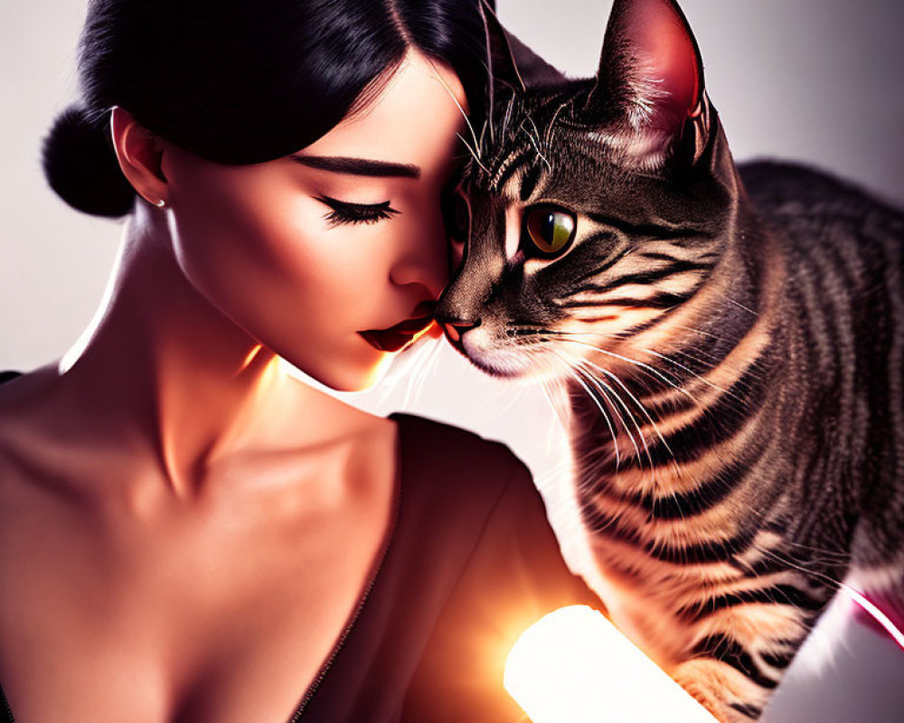 Dark-haired woman and striped cat under warm light.