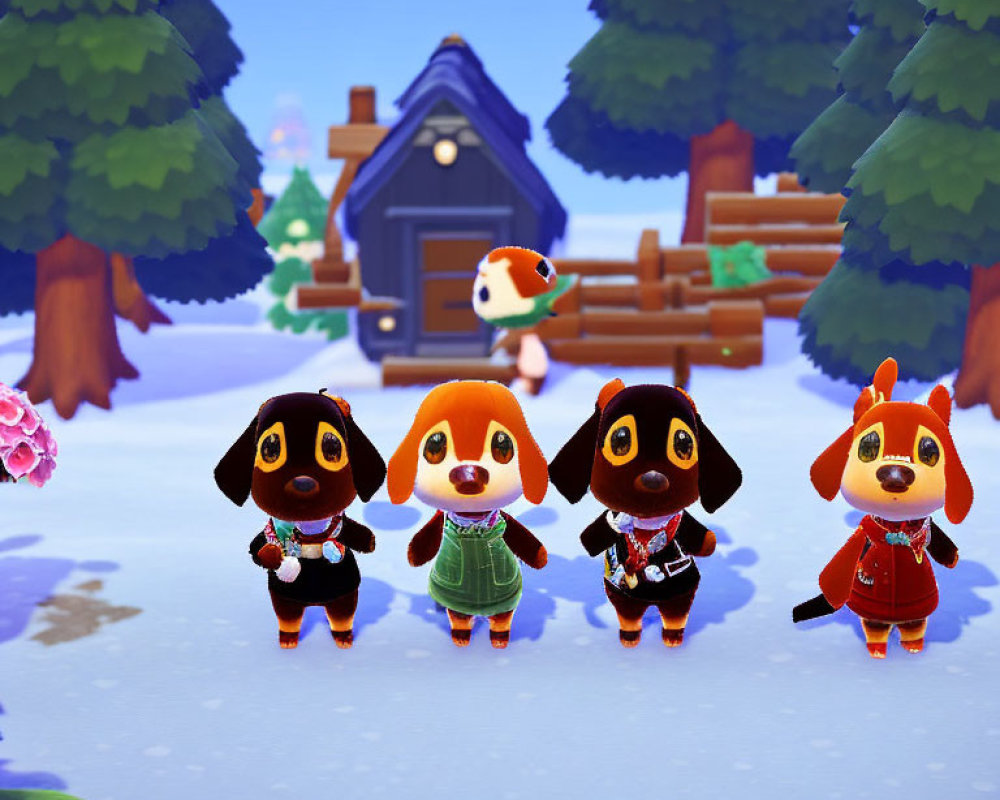 Four animated dog characters in snowy landscape with house and trees
