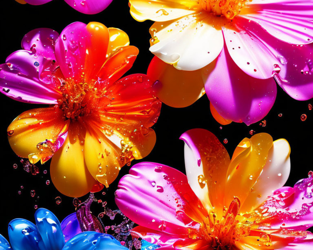 Colorful Flowers with Water Droplets on Petals on Black Background