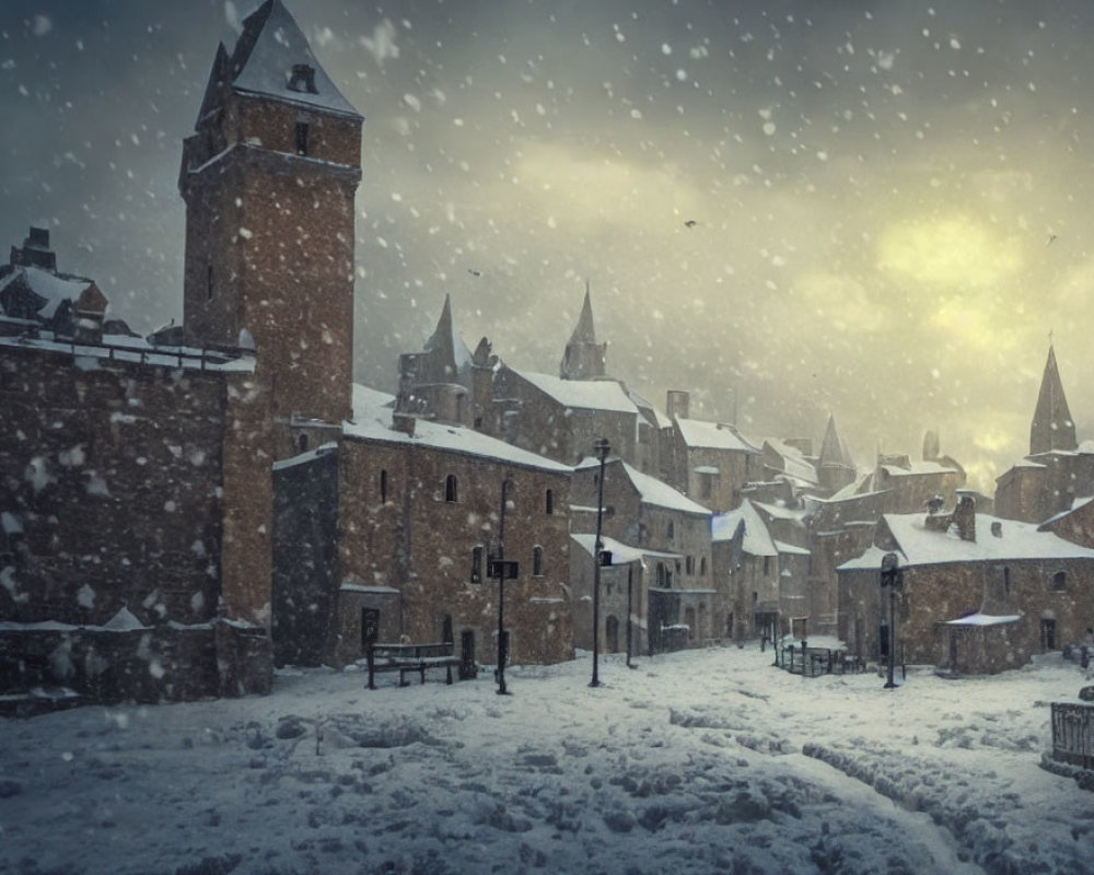 Snow-covered old town with historic buildings and tower in serene winter setting