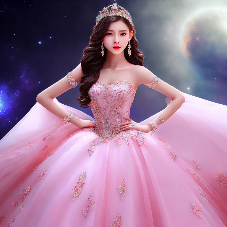 Detailed illustration of woman in pink gown under starry sky