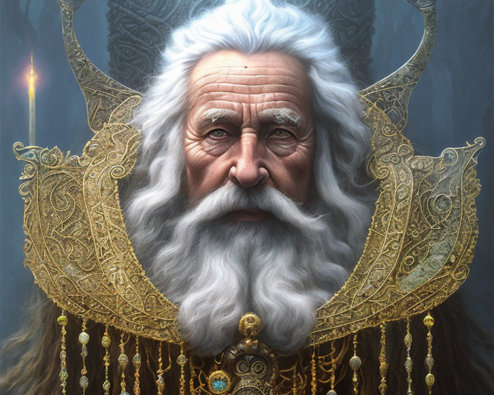 Elderly man with long white beard and golden headpiece in intricate robes