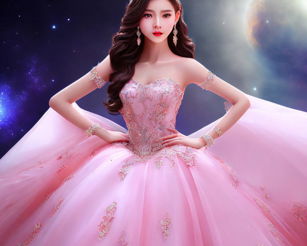 Detailed illustration of woman in pink gown under starry sky