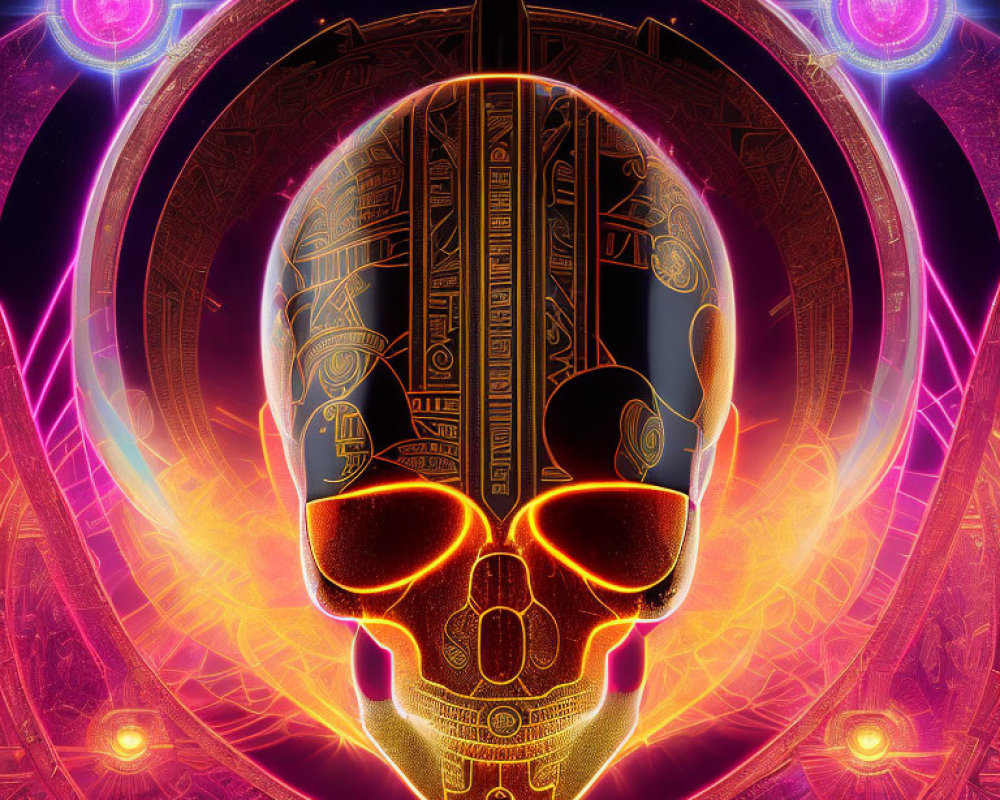 Detailed Futuristic Skull Artwork with Neon Circles & Cosmic Motifs