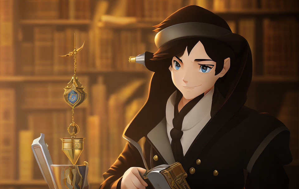 3D animated character in hat and coat with book and card against library backdrop