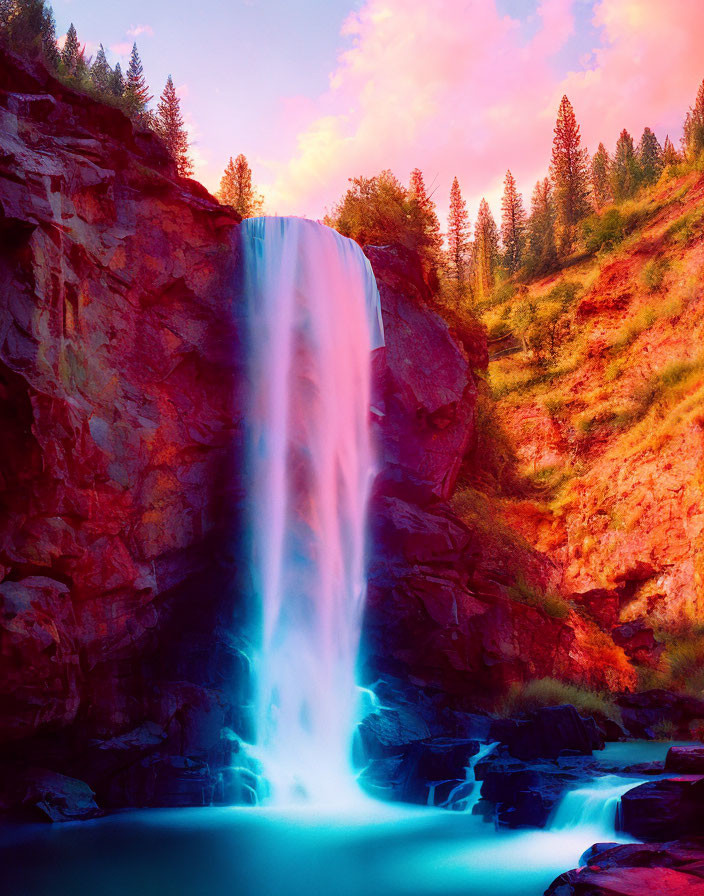 Majestic waterfall on reddish cliff amid lush green trees