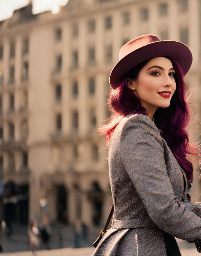 Purple-haired woman in gray blazer and burgundy hat on city street