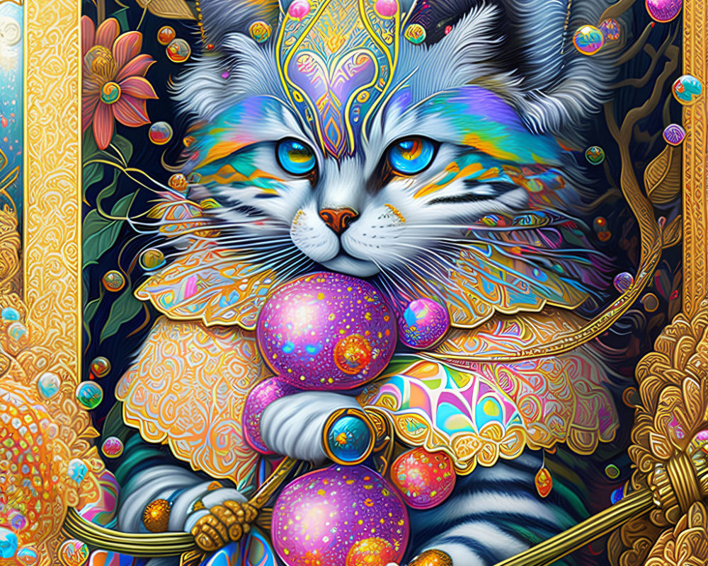 Regal cat with majestic headdress and ornate spheres on intricate floral background