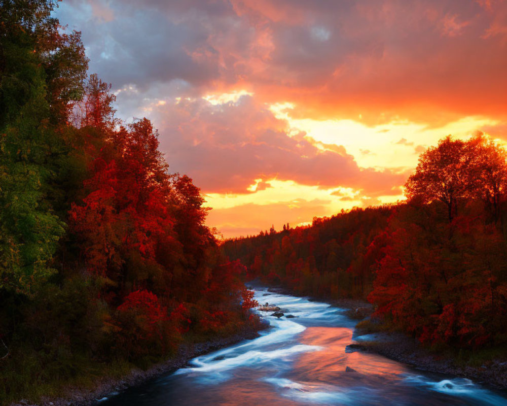 Vibrant sunset over tranquil river with fiery clouds and autumn trees
