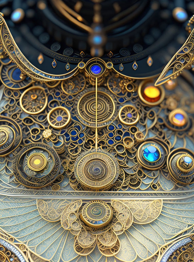 Intricate Steampunk-Inspired Mechanical Artwork with Ornate Metal Patterns and Gemstone