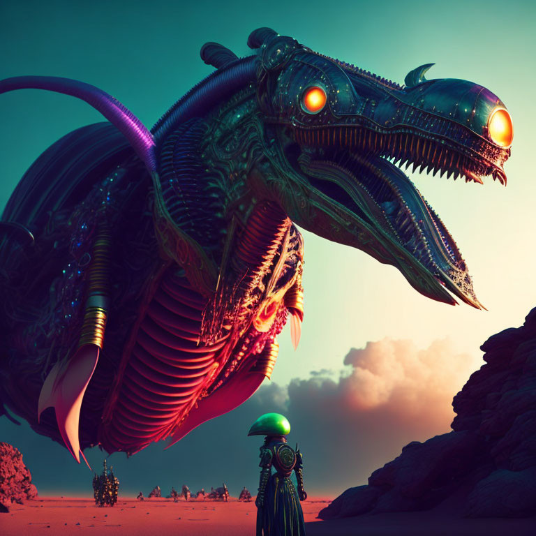 Mechanical Dragon and Alien Figure in Desert Dusk Scene