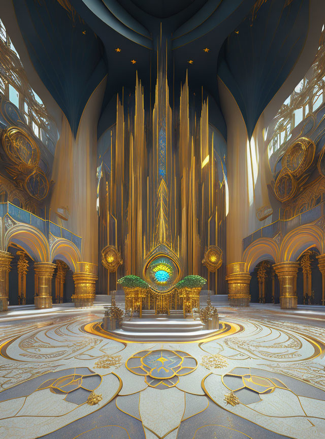 Opulent hall with blue columns, golden accents, intricate floor designs, and majestic throne