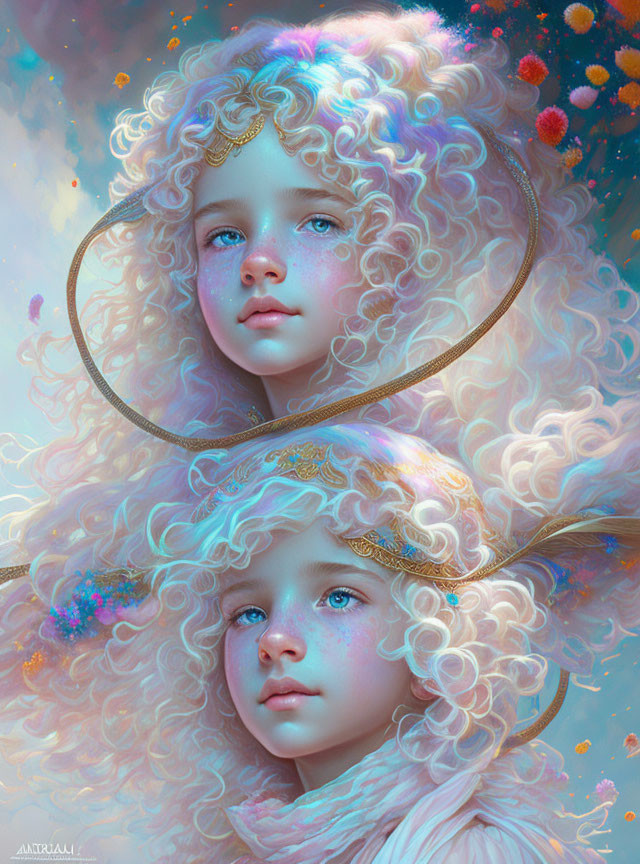 Ethereal children with blond hair and blue eyes in glowing halo.