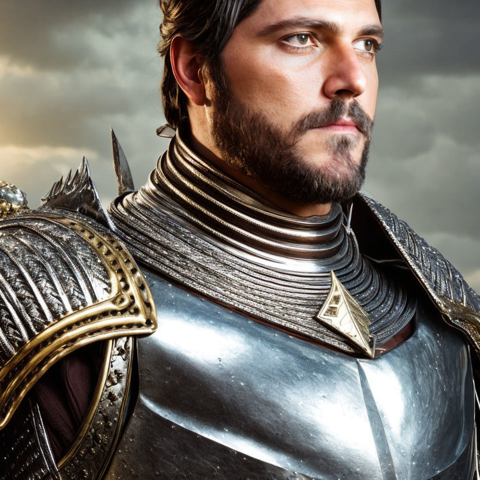 Medieval knight in armor with a beard under dramatic sky