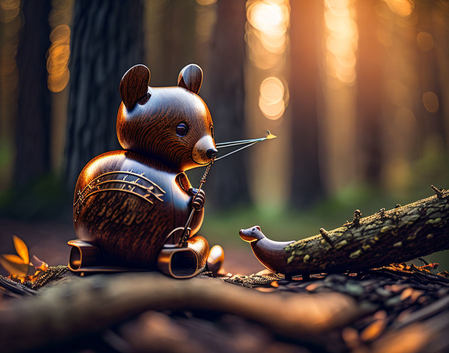 Metal bear sculpture with fishing rod in forest at sunset