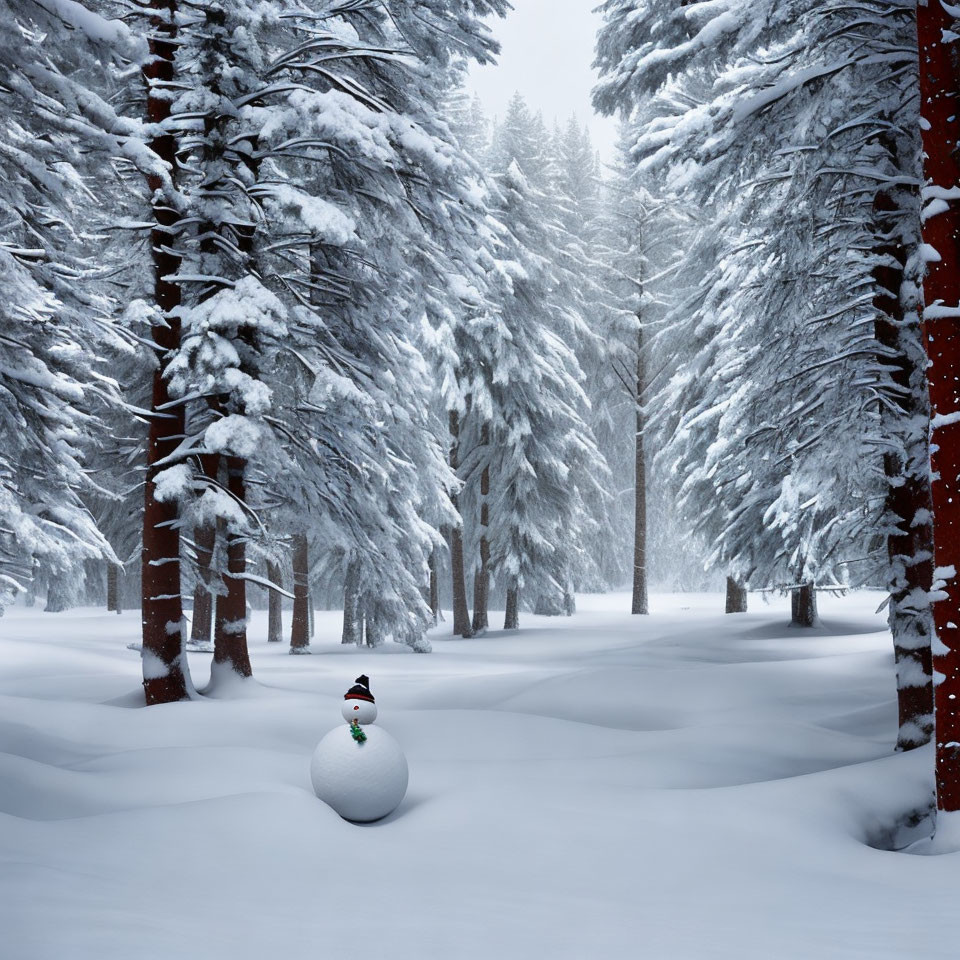 Snowman with black hat in snowy forest with pine trees.