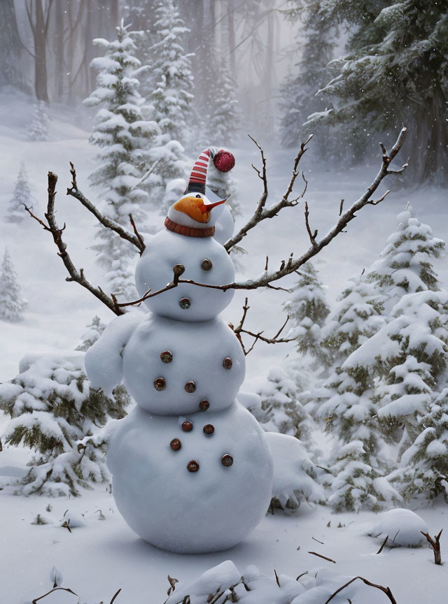 Cheerful snowman with carrot nose in snowy forest landscape
