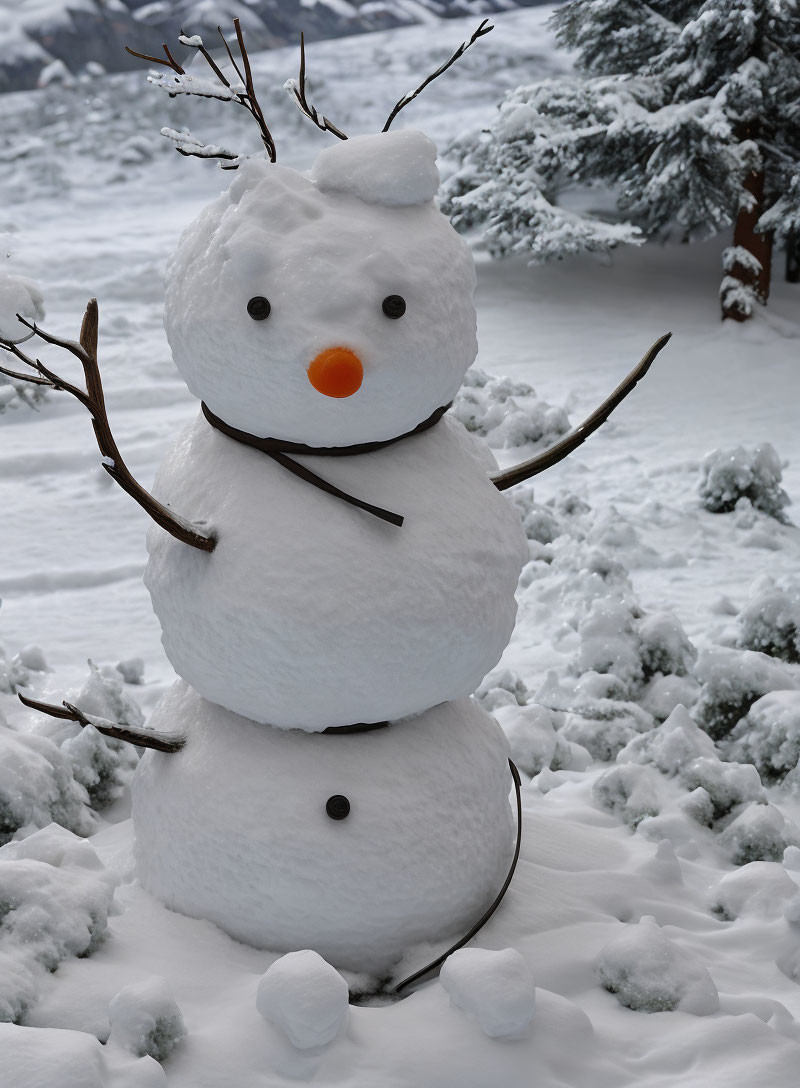 Snowman with stick arms and carrot nose in snowy landscape with frosty trees