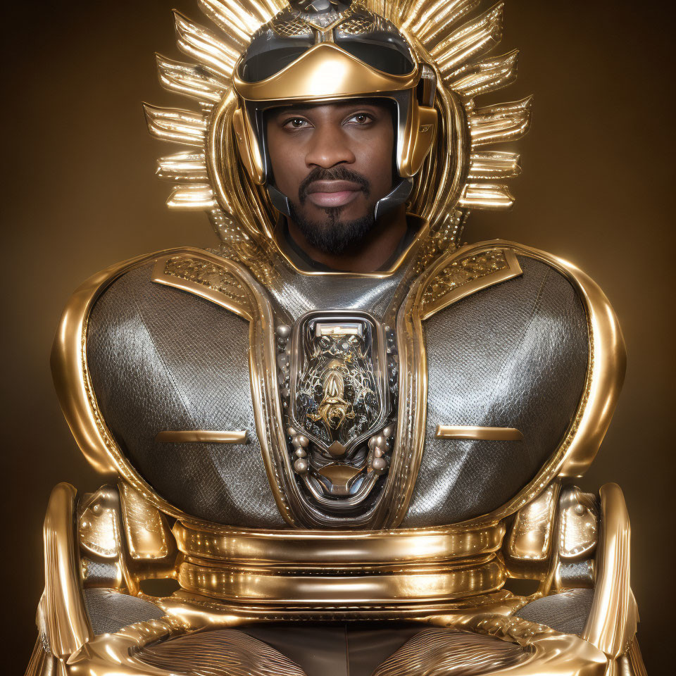 Regal man in ornate golden armor with stylized helmet on golden backdrop