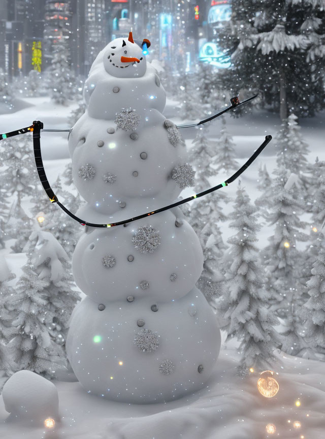 Snowman with Carrot Nose and Snowflake Decorations in Snowy Landscape