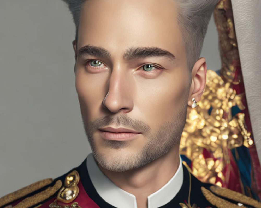 Man with Silver Hair and Green Eyes in Regal Uniform with Gold Adornments