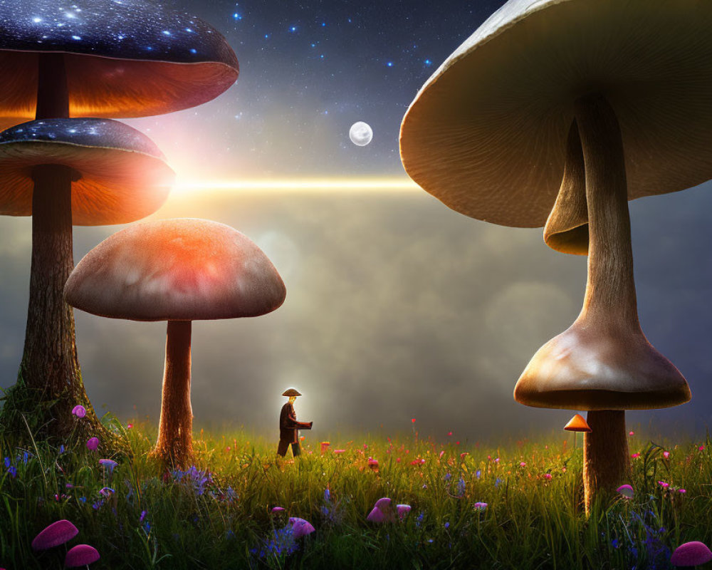 Twilight scene with oversized glowing mushrooms in mystical field
