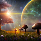 Twilight scene with oversized glowing mushrooms in mystical field