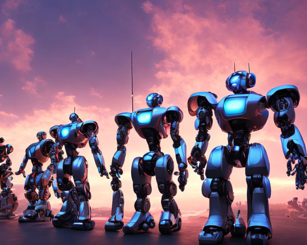 Futuristic blue and black robots under purple sunset sky