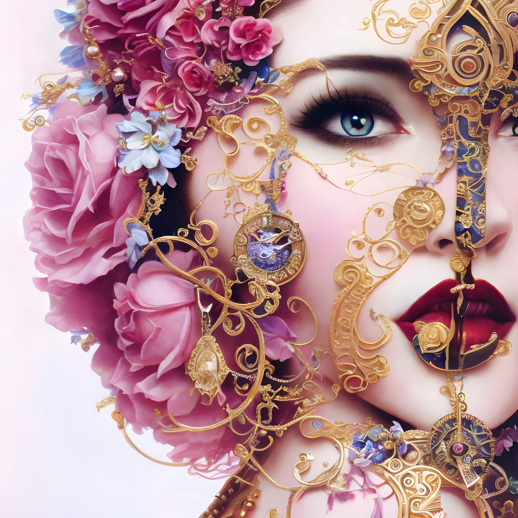 Detailed illustration: Woman's face with floral and golden filigree elements