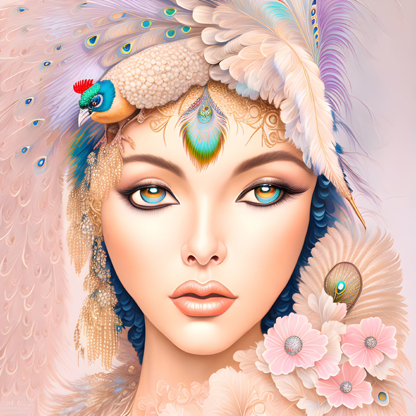 Stylized illustration of woman with large blue eyes and peacock feather headwear