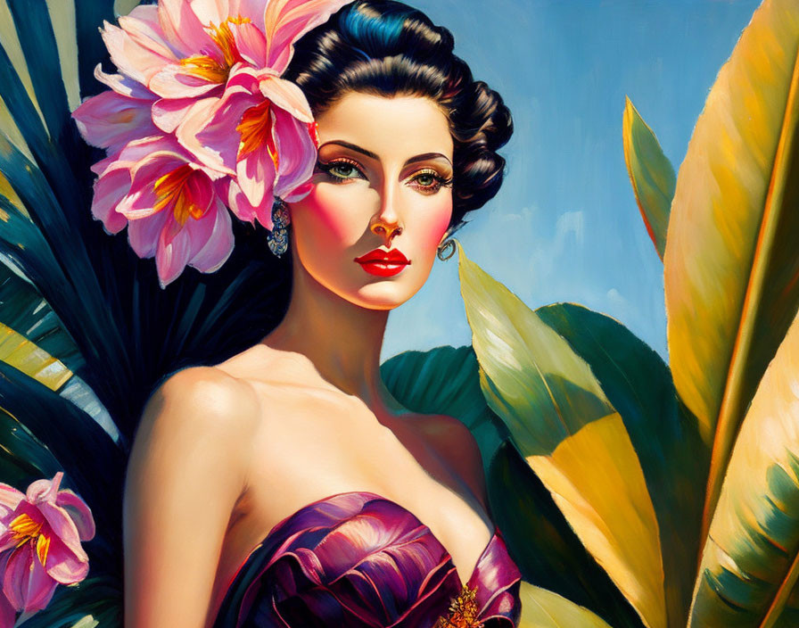 Colorful painting of woman with pink flower, tropical leaves, and vibrant dress