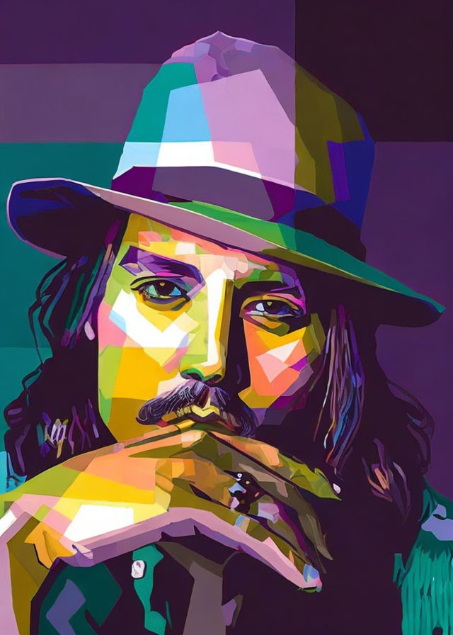 Vibrant geometric portrait of a man with hat, mustache, and beard
