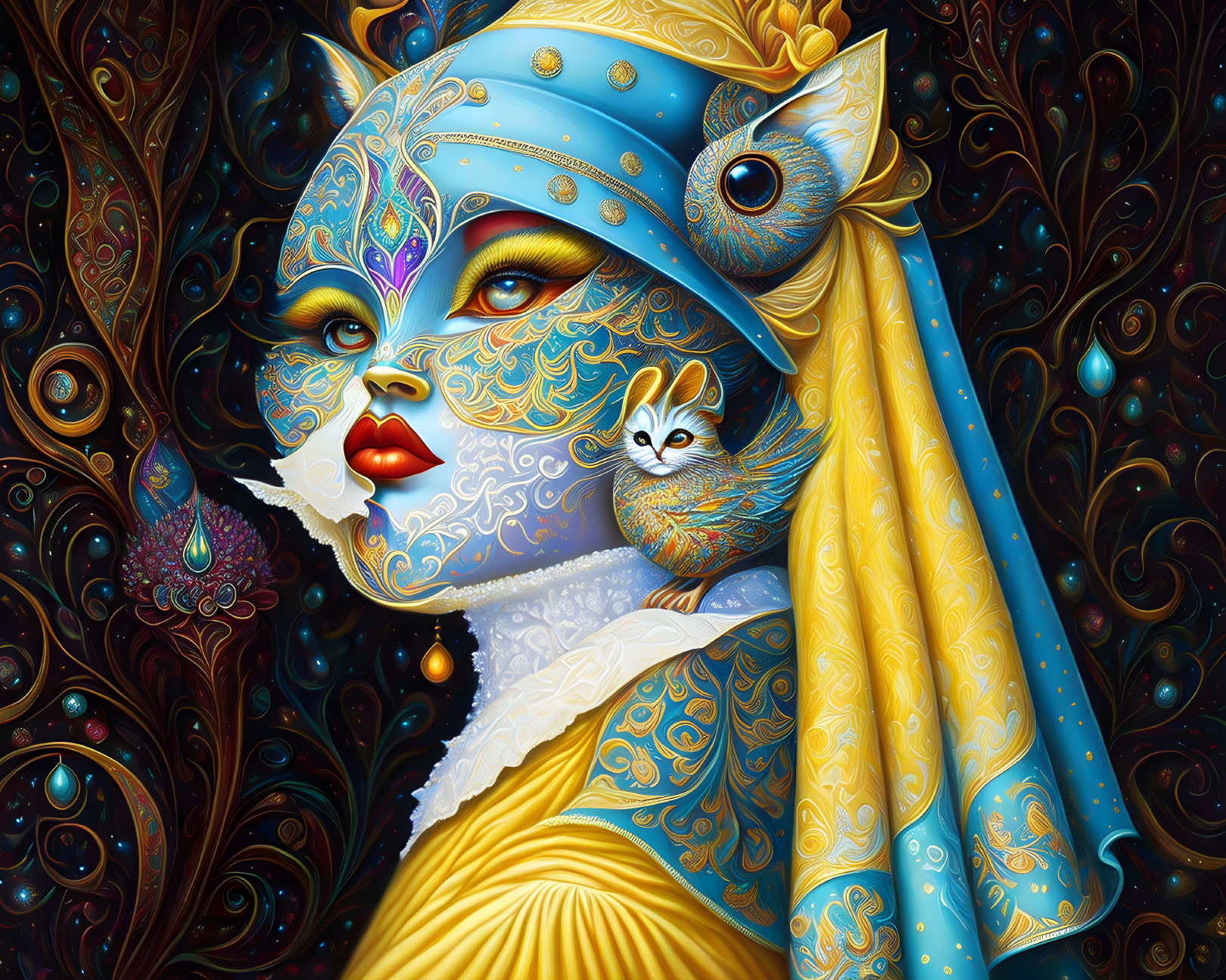 Digital artwork of woman with cat-like features and owl in cosmic background