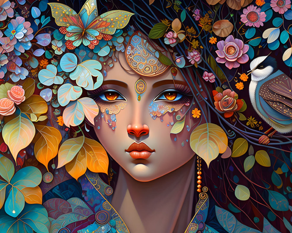 Colorful artwork: Woman's face with floral and bird motifs