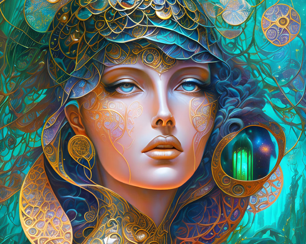 Intricate golden headdress woman in cosmic-themed digital art