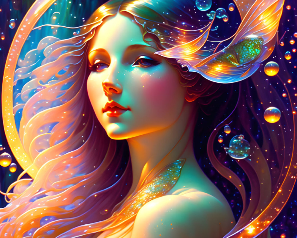 Colorful portrait of mythical female with cosmic hair and glowing fish