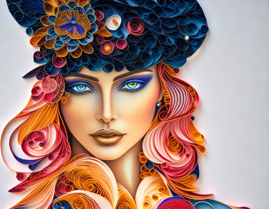 Vibrant paper art of woman's face with blue hair and orange highlights