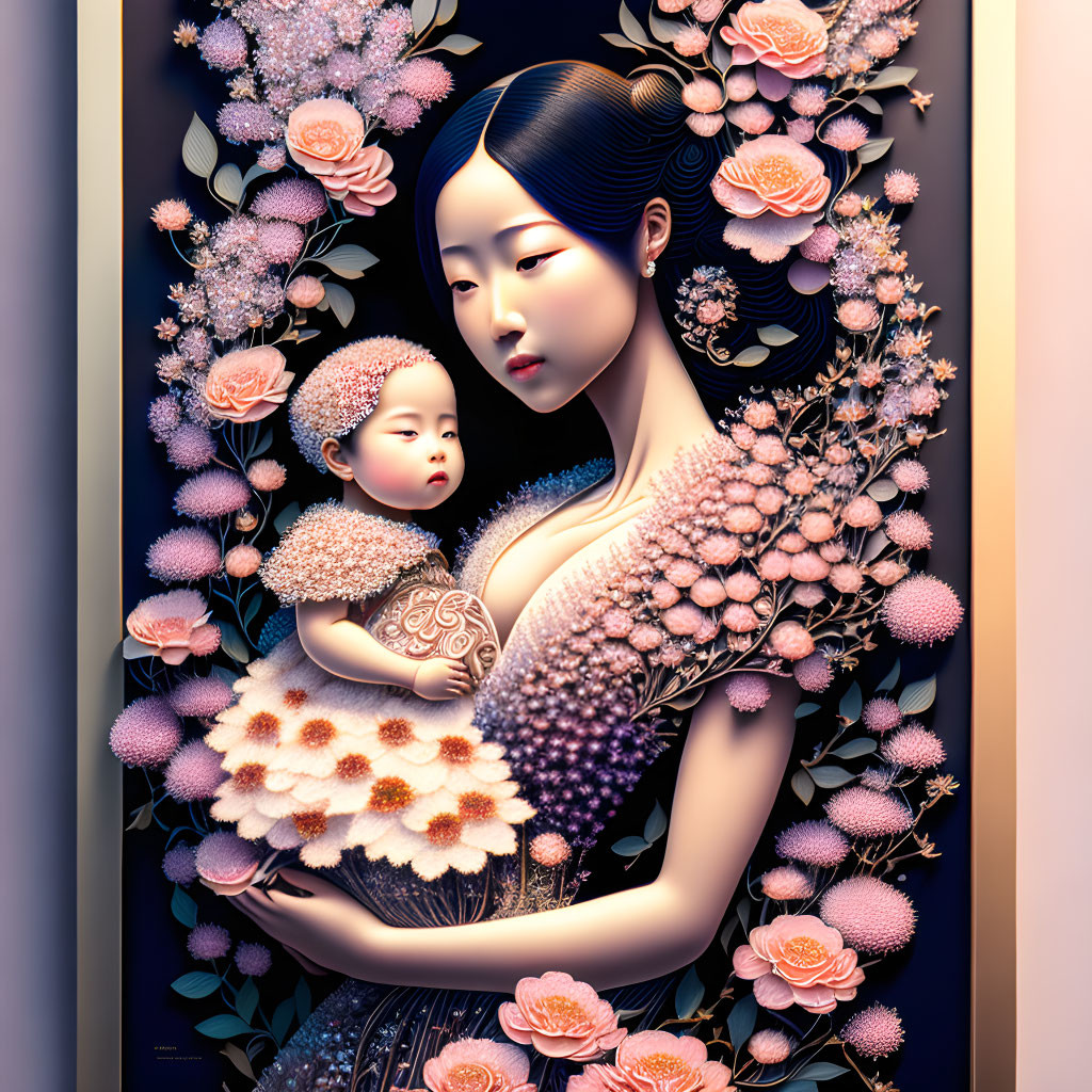 Traditional Attire Woman Holding Baby Surrounded by Floral Motif