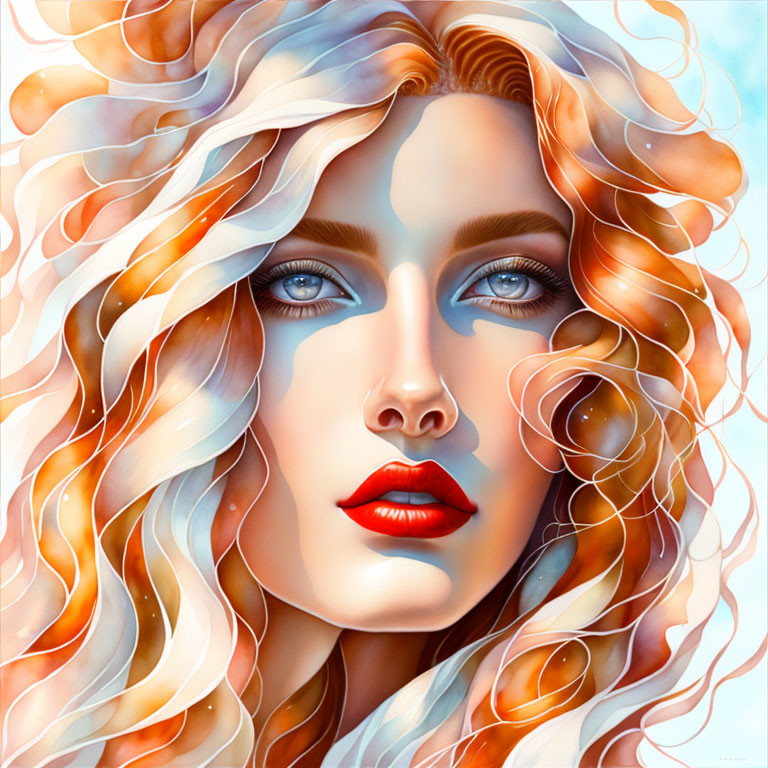 Vibrant digital artwork of woman with multicolored hair and abstract shapes