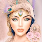 Stylized illustration of woman with large blue eyes and peacock feather headwear