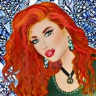 Fantasy illustration of woman with fiery red hair and blue dragon in mystical setting.