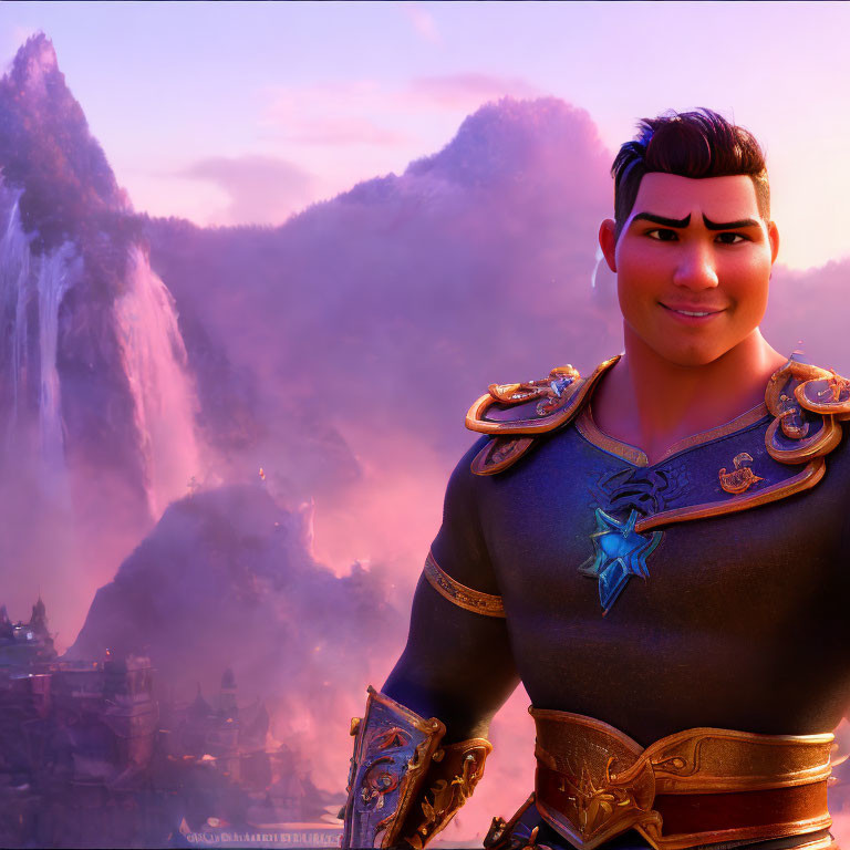 Dark-Haired Animated Character in Armor Smirking at Sunset