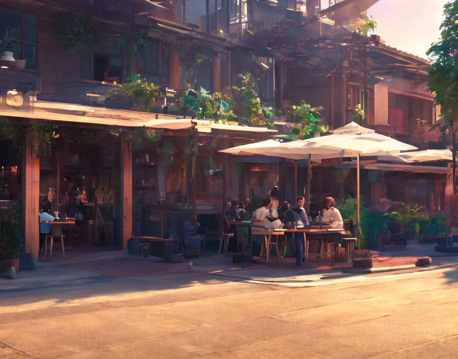 Outdoor Dining Area with People under White Umbrellas and Rustic Buildings