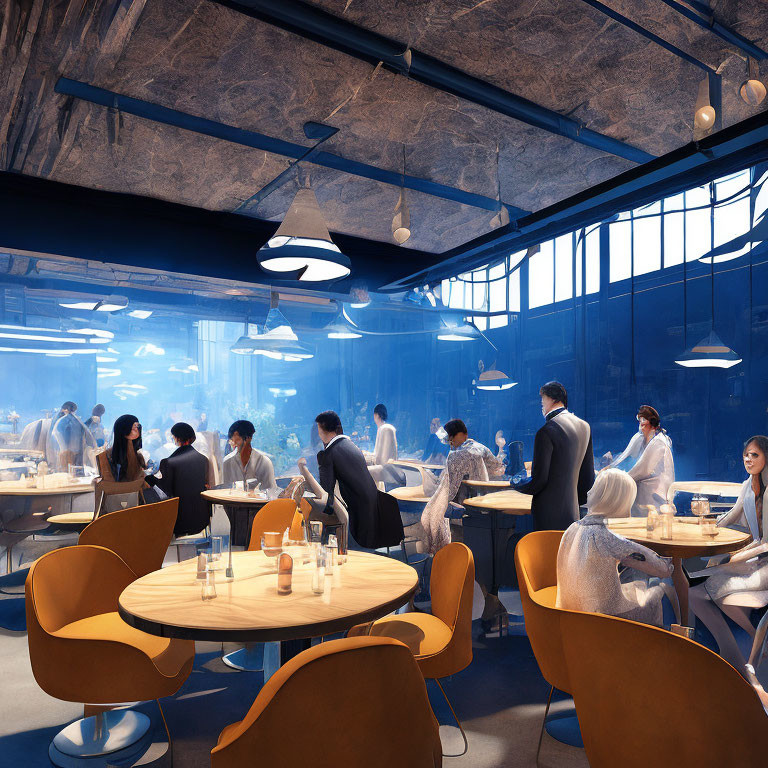 Stylish Restaurant with Warm Lighting and Blue Tinted Windows