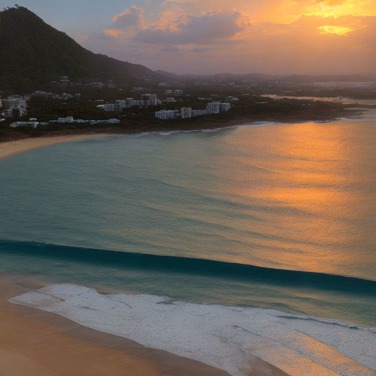 Scenic sunset over calm sea, sandy beach, mountains, and coastal buildings