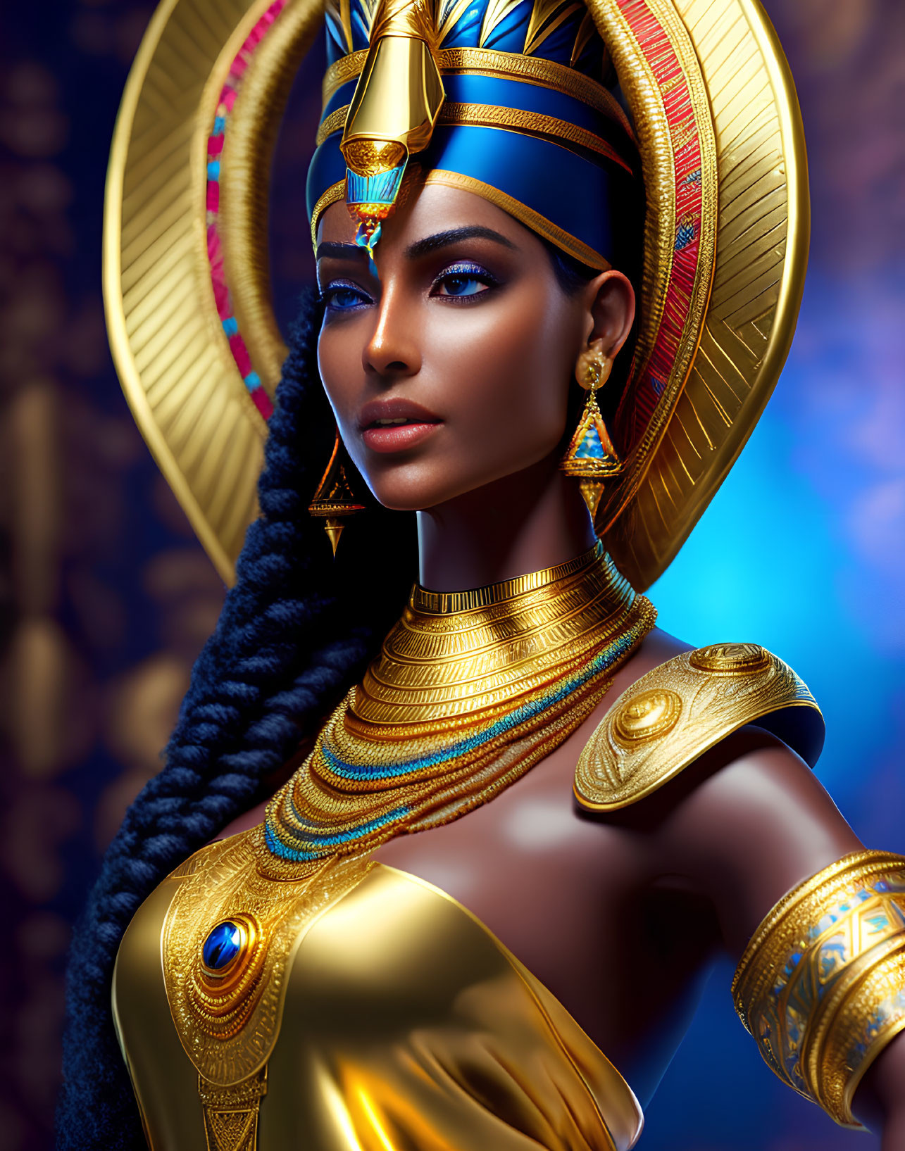 Digital artwork of a woman in ancient Egyptian attire with gold jewelry and headdress