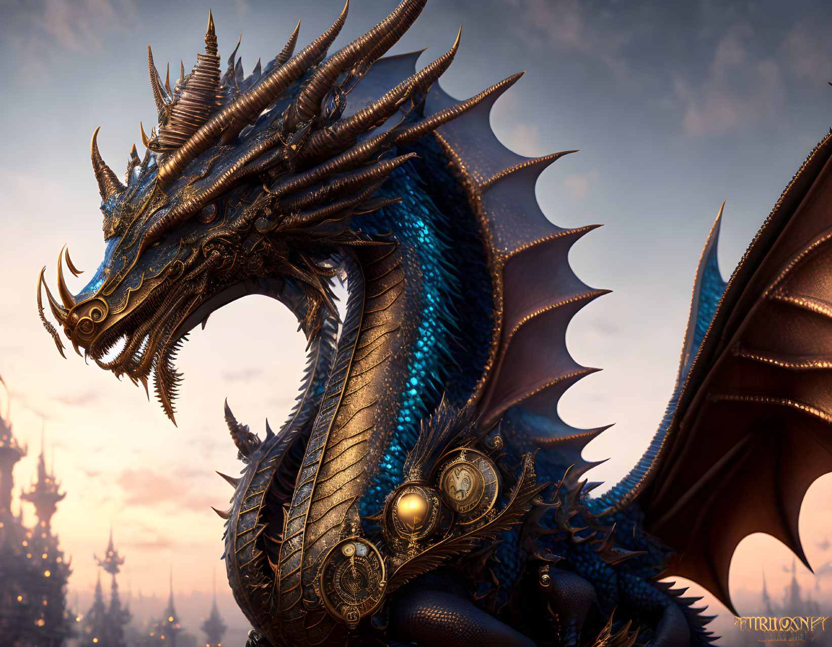 Blue-Scaled Dragon with Golden Accents in Fantasy Dusk Skyline